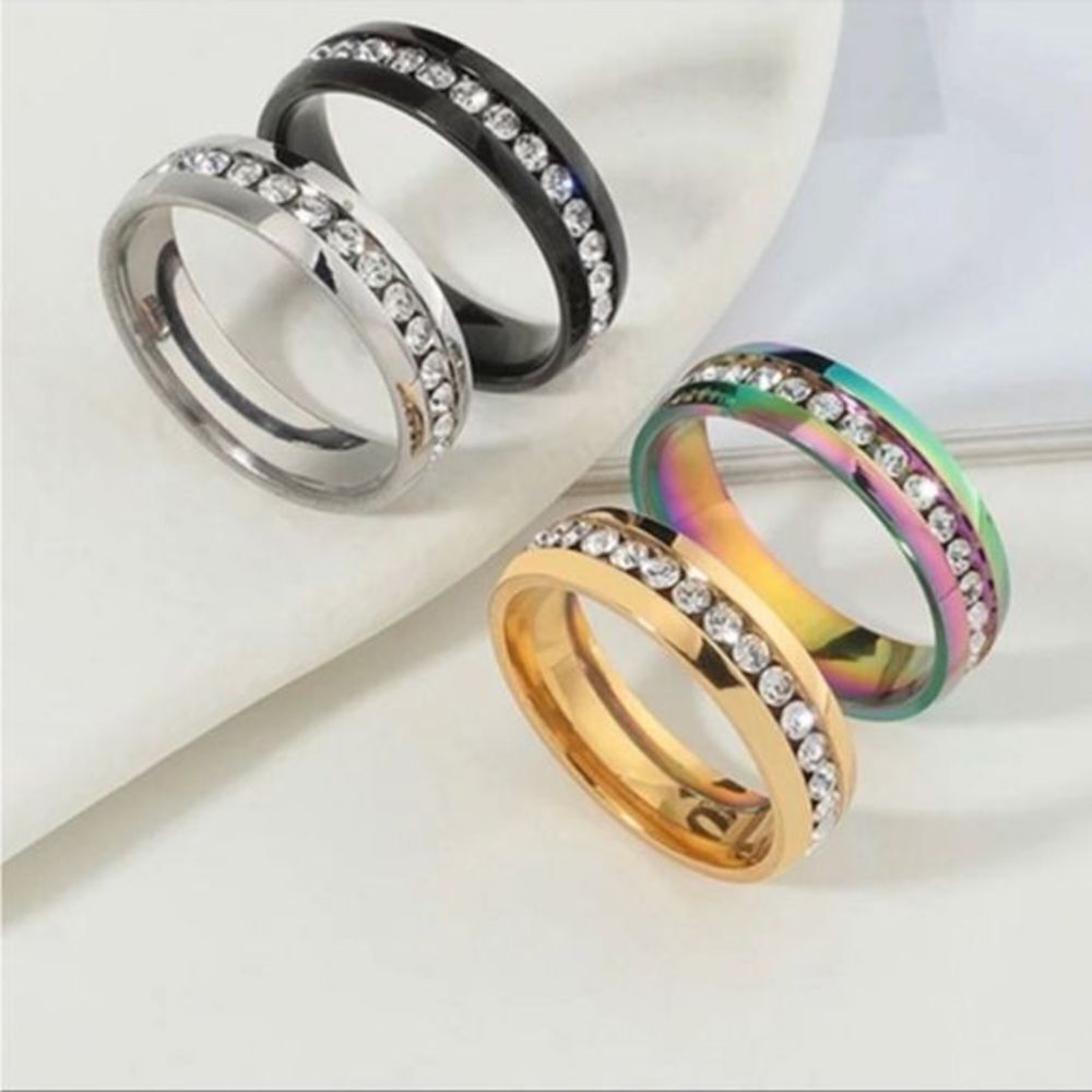 Gold Silver Rainbow Black Zirconia Embellished Rings Stainless Steel NEW BOXED